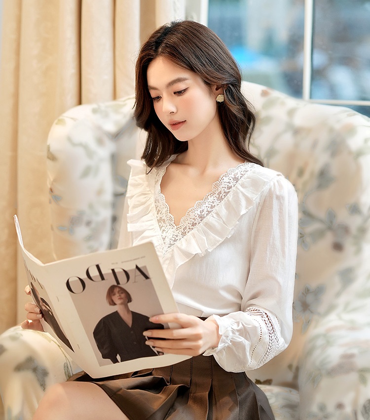 Long sleeve hollow shirt autumn white tops for women
