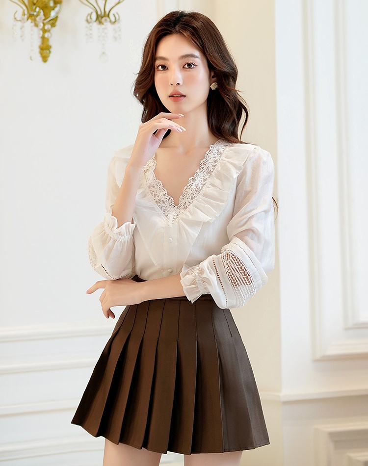 Long sleeve hollow shirt autumn white tops for women