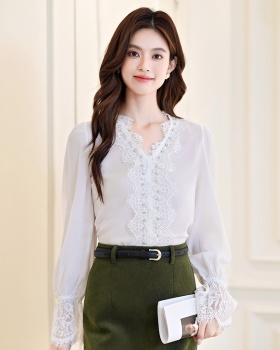 V-neck white all-match shirt long sleeve autumn tops