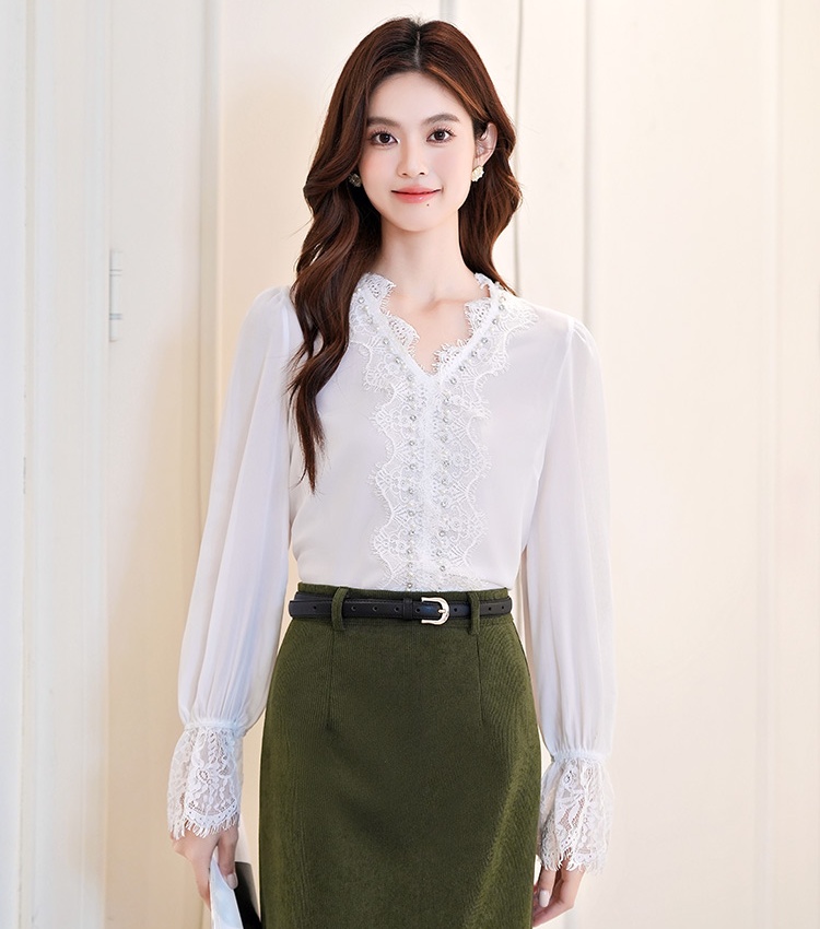 V-neck white all-match shirt long sleeve autumn tops
