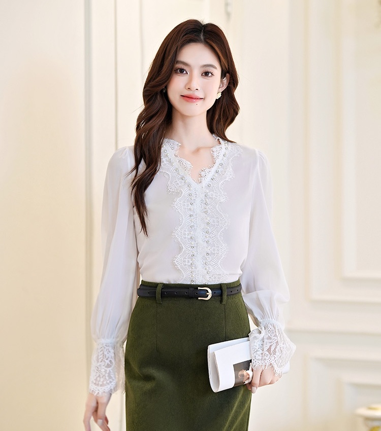 V-neck white all-match shirt long sleeve autumn tops