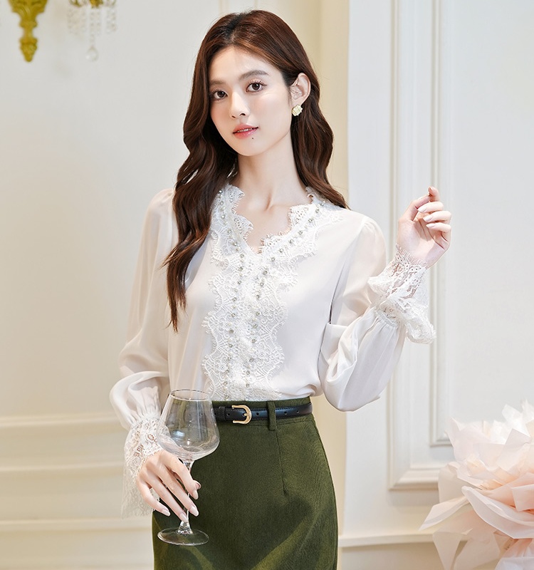 V-neck white all-match shirt long sleeve autumn tops