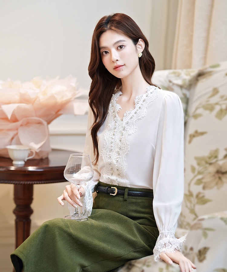 V-neck white all-match shirt long sleeve autumn tops