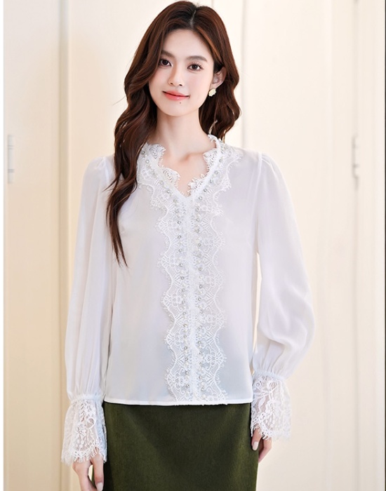 V-neck white all-match shirt long sleeve autumn tops