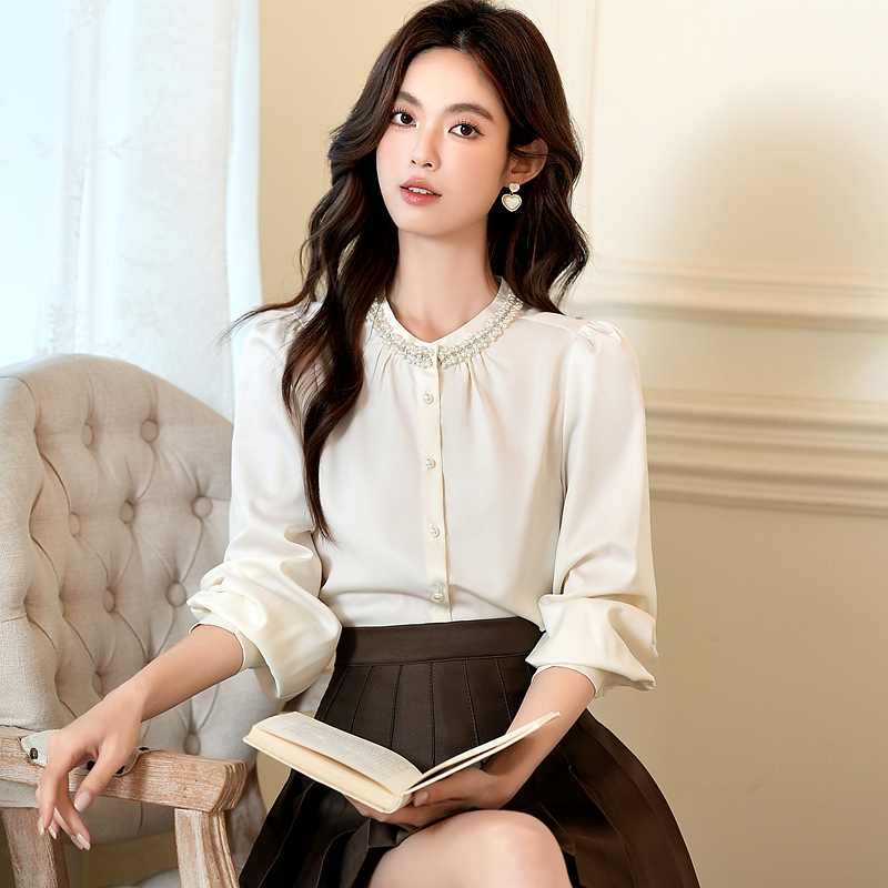Beading round neck autumn shirt commuting satin tops