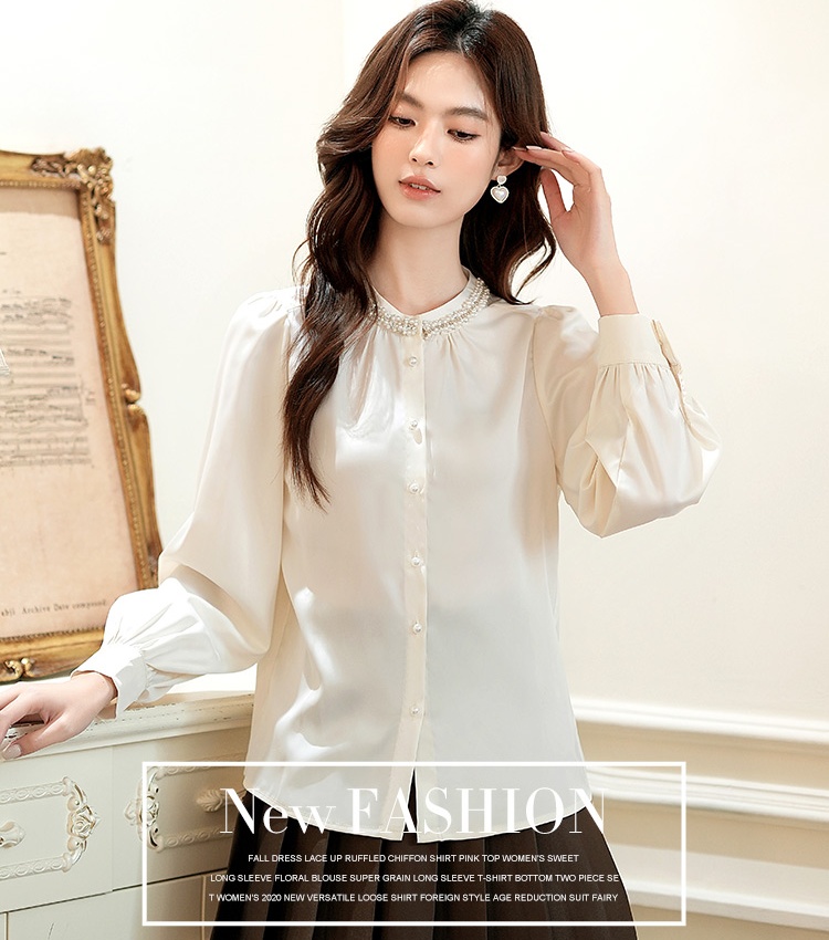 Beading round neck autumn shirt commuting satin tops