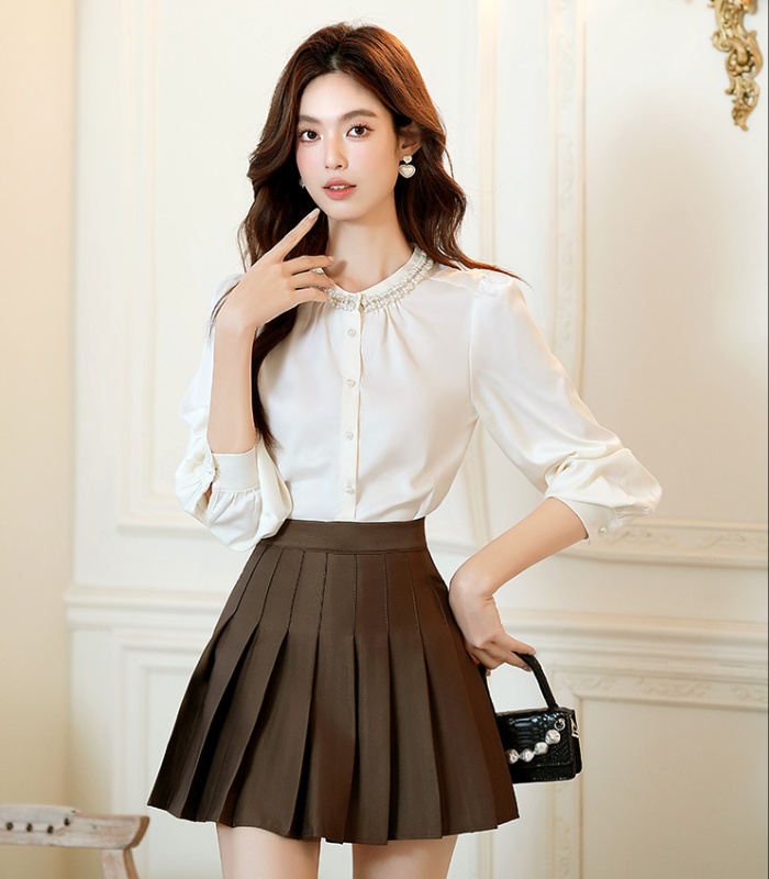 Beading round neck autumn shirt commuting satin tops