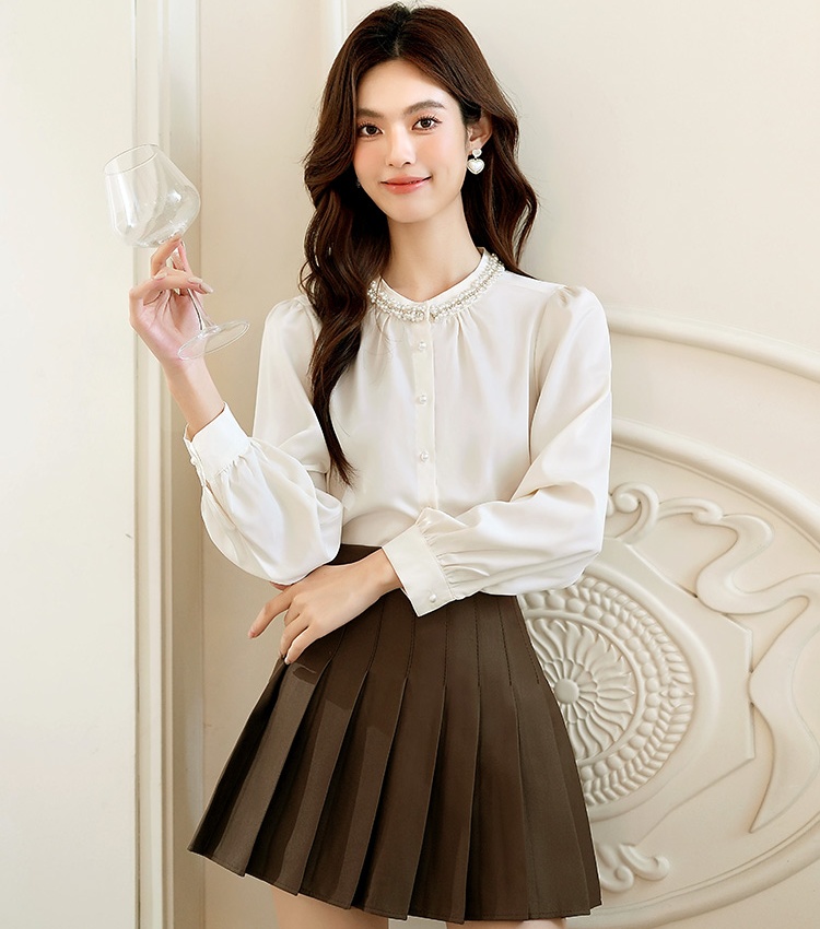 Beading round neck autumn shirt commuting satin tops