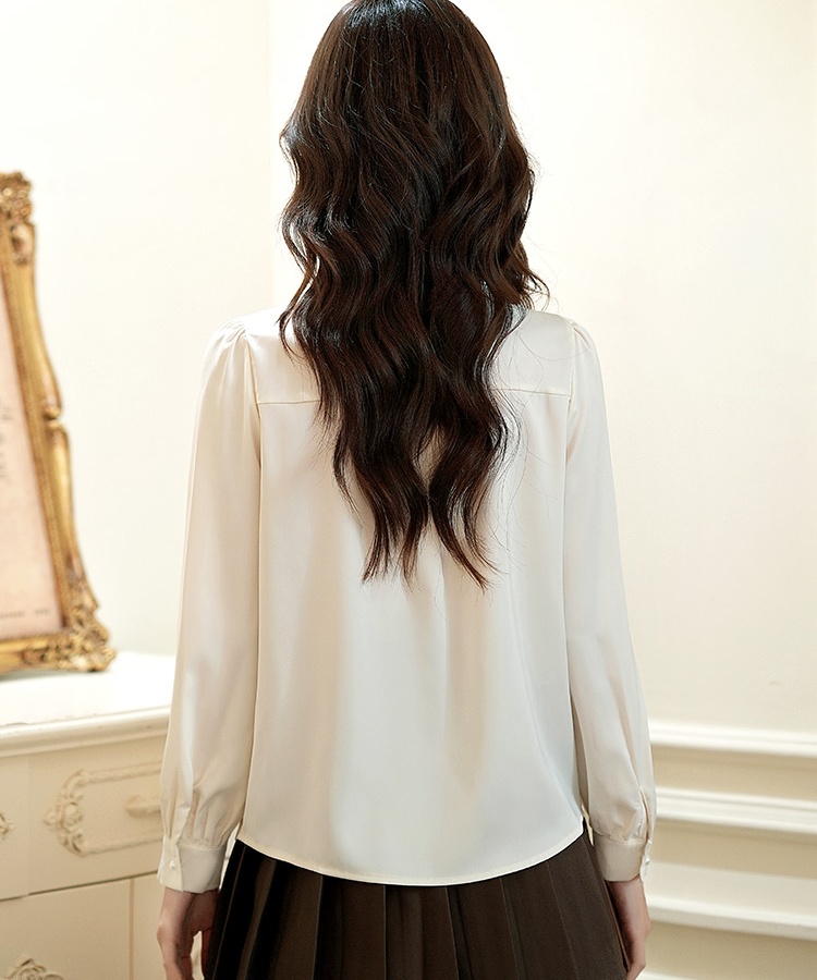 Beading round neck autumn shirt commuting satin tops