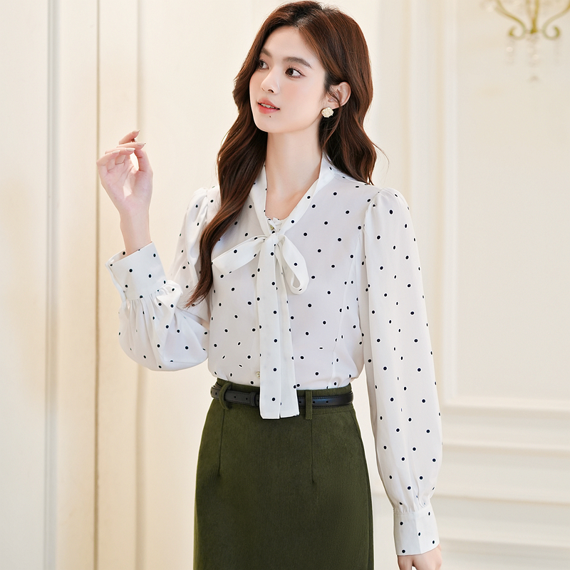 Polka dot temperament chiffon shirt bow autumn shirt