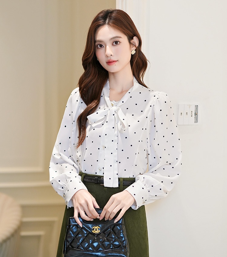Polka dot temperament chiffon shirt bow autumn shirt