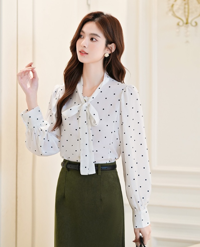 Polka dot temperament chiffon shirt bow autumn shirt