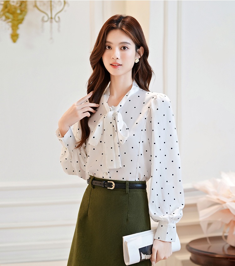 Polka dot temperament chiffon shirt bow autumn shirt