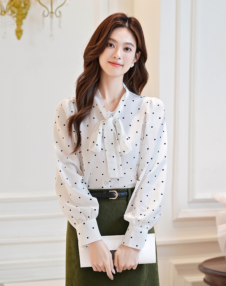 Polka dot temperament chiffon shirt bow autumn shirt