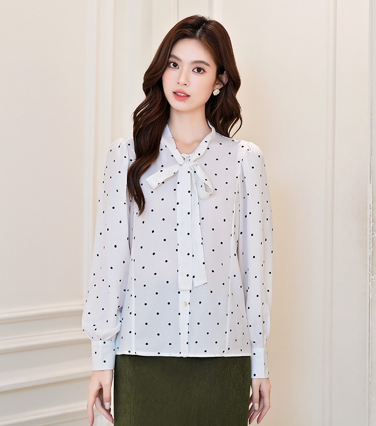 Polka dot temperament chiffon shirt bow autumn shirt
