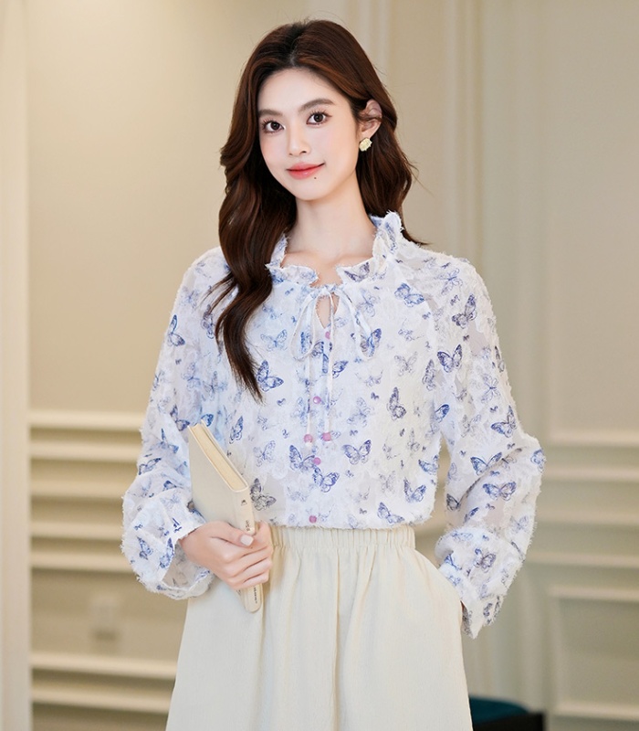 Tassels frenum chiffon shirt long sleeve tops for women