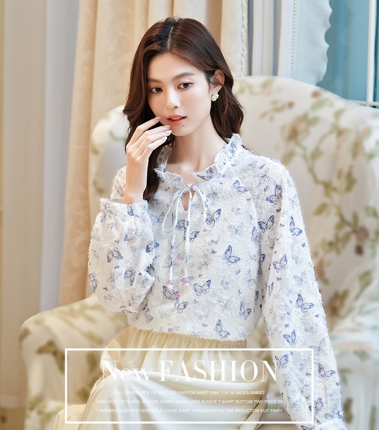 Tassels frenum chiffon shirt long sleeve tops for women