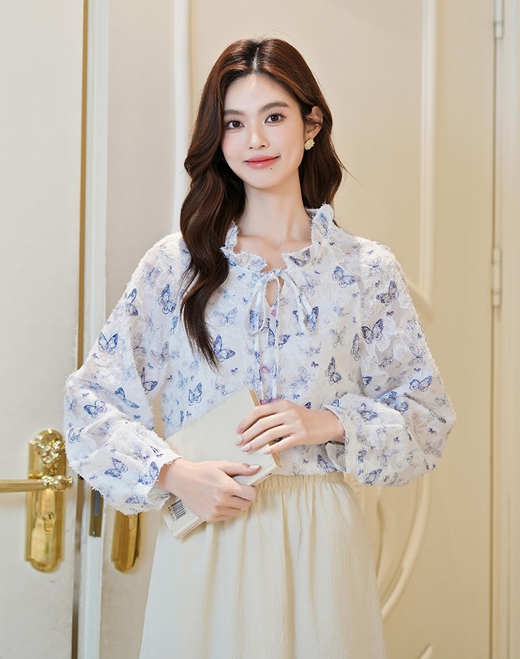 Tassels frenum chiffon shirt long sleeve tops for women