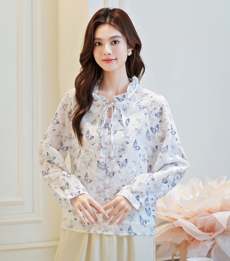 Tassels frenum chiffon shirt long sleeve tops for women