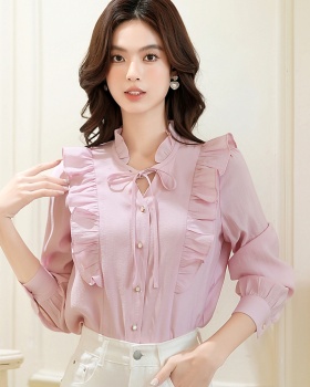 Sweet fungus frenum tops pink V-neck chiffon shirt for women