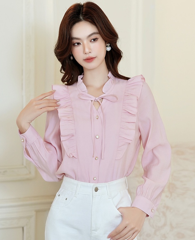 Sweet fungus frenum tops pink V-neck chiffon shirt for women