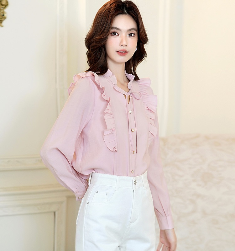 Sweet fungus frenum tops pink V-neck chiffon shirt for women