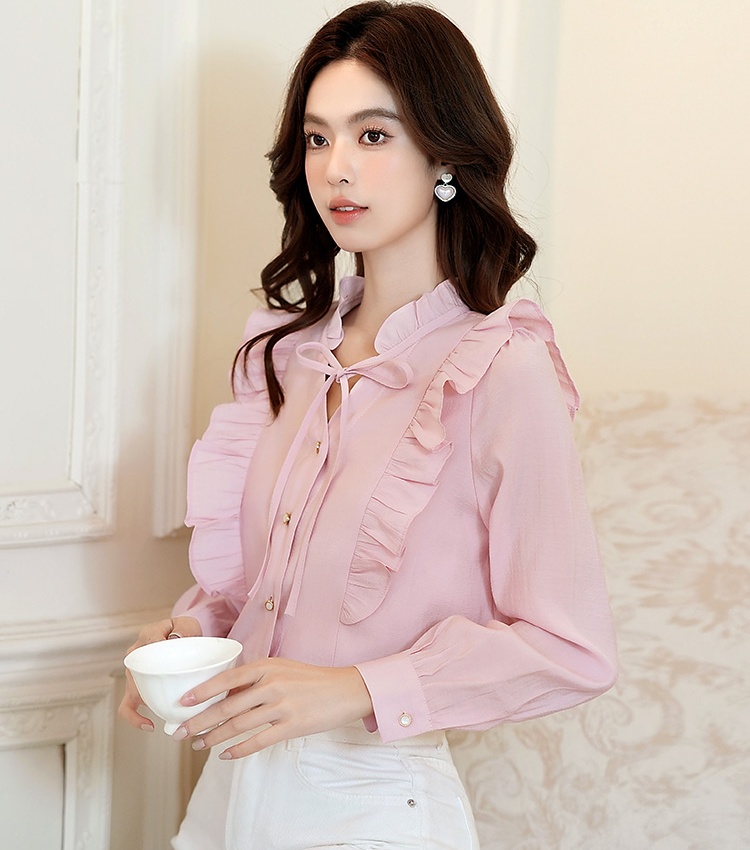Sweet fungus frenum tops pink V-neck chiffon shirt for women