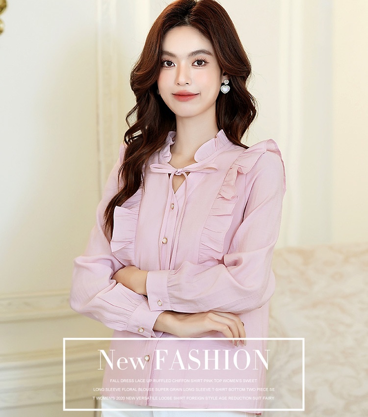 Sweet fungus frenum tops pink V-neck chiffon shirt for women
