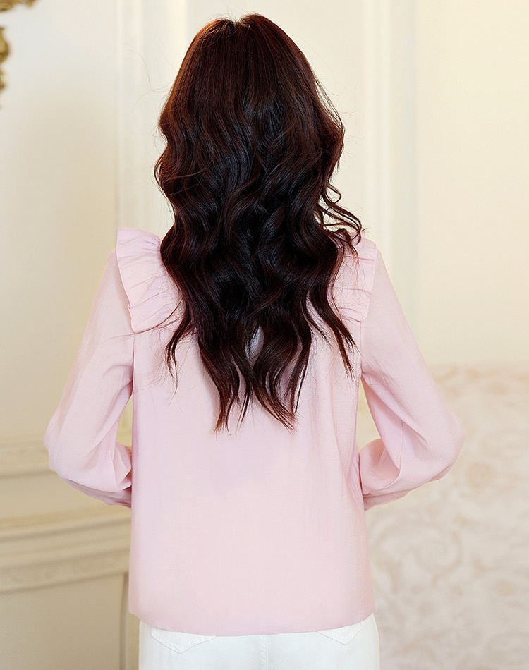 Sweet fungus frenum tops pink V-neck chiffon shirt for women