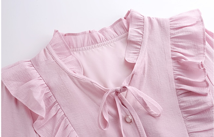 Sweet fungus frenum tops pink V-neck chiffon shirt for women