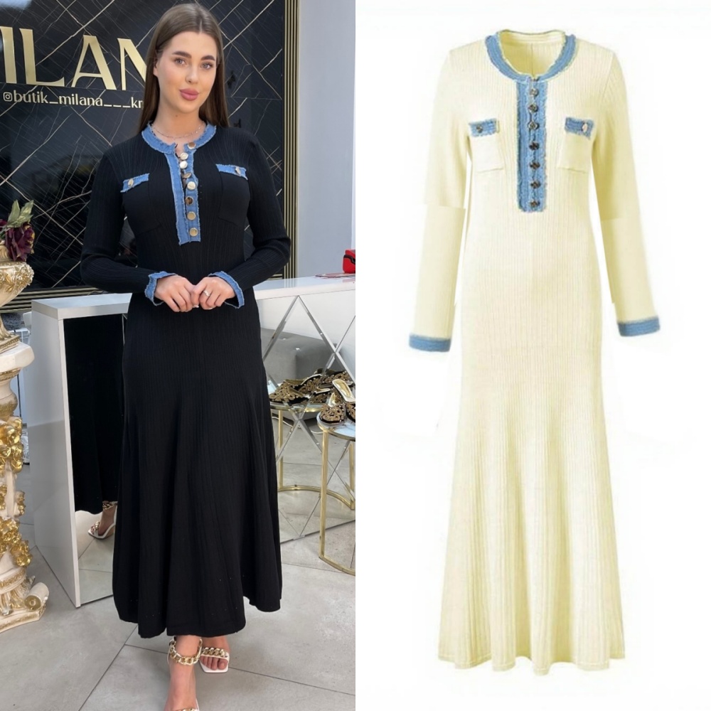 Round neck stitching long dress long sleeve dress