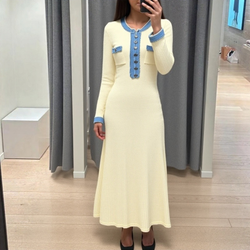 Round neck stitching long dress long sleeve dress