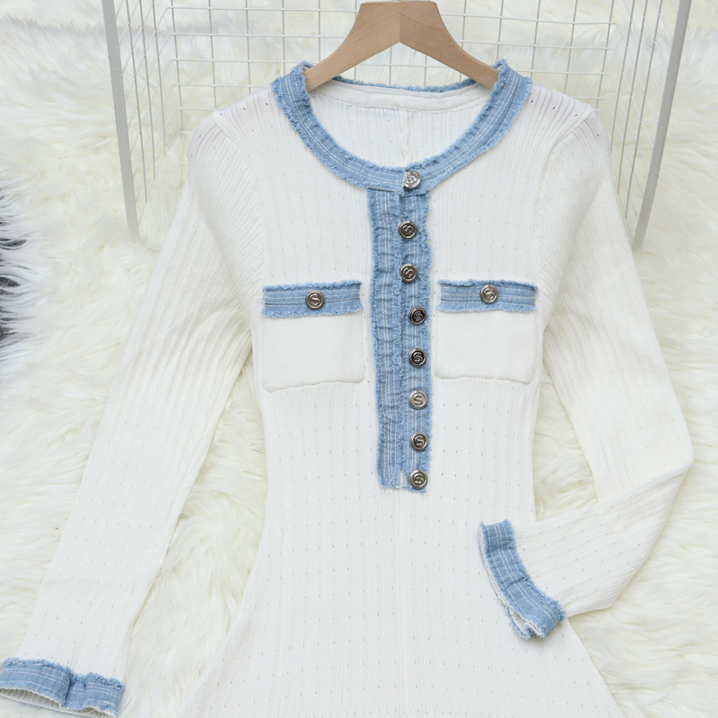 Round neck stitching long dress long sleeve dress