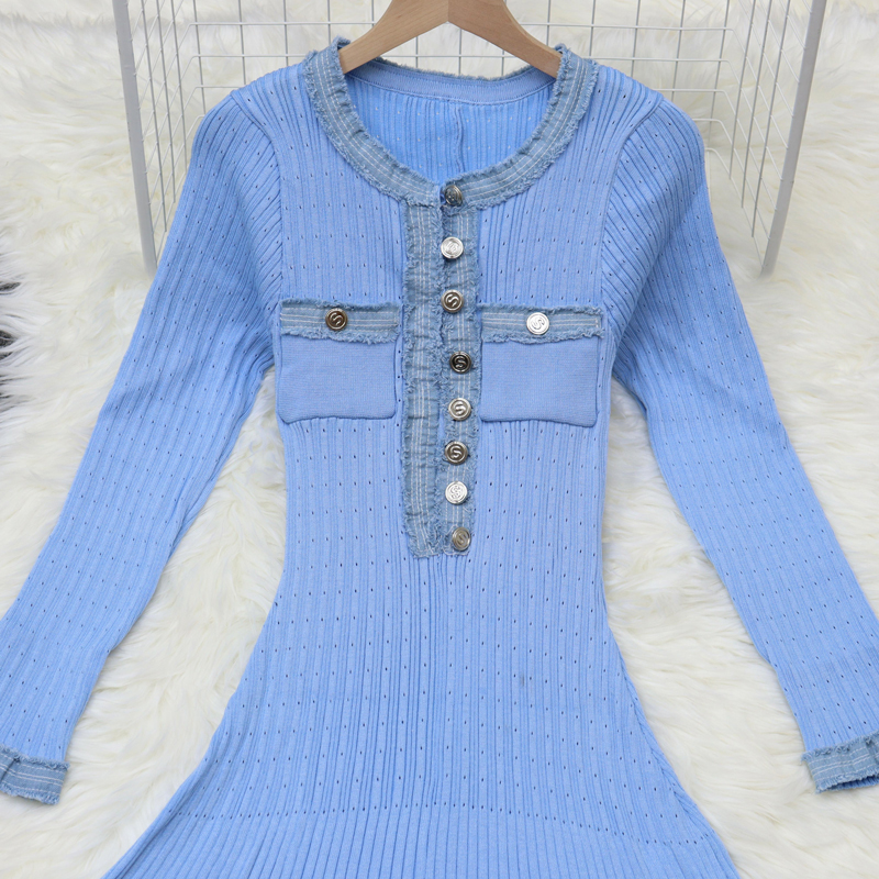 Round neck stitching long dress long sleeve dress