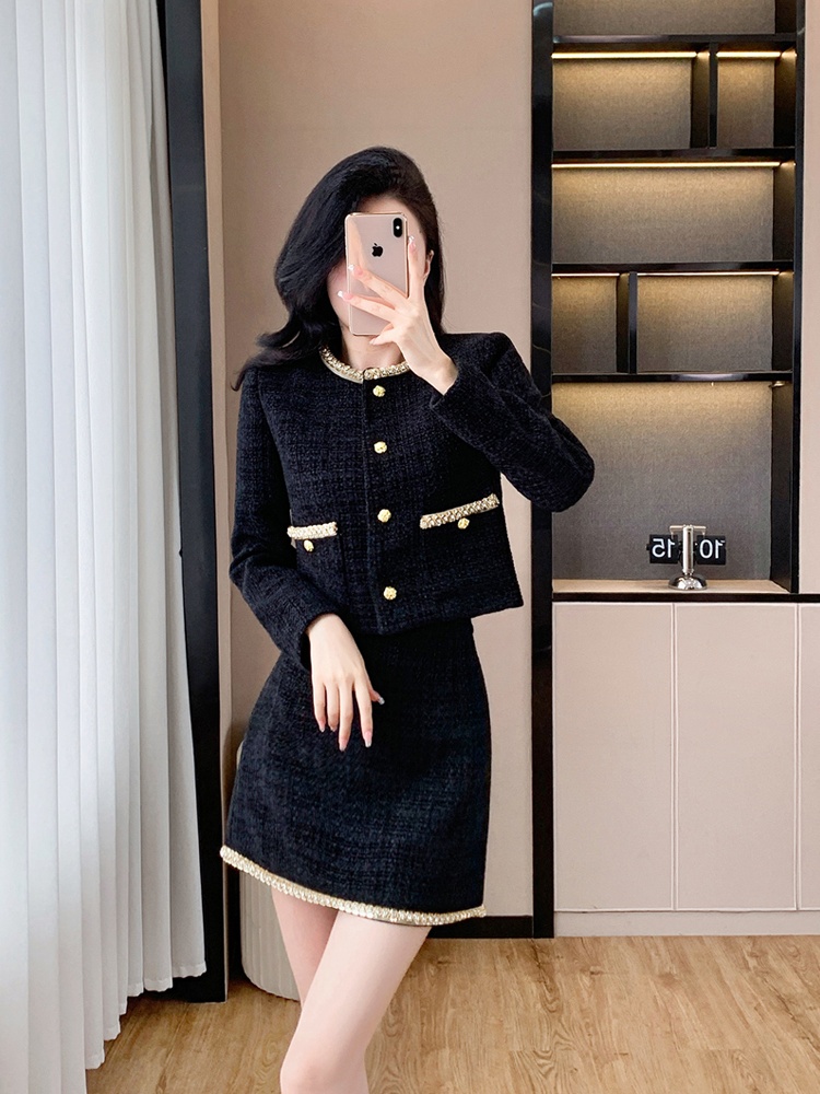 Purple rhinestone coat chanelstyle skirt 2pcs set