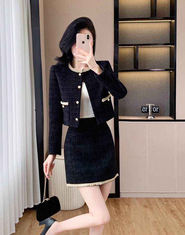 Purple rhinestone coat chanelstyle skirt 2pcs set