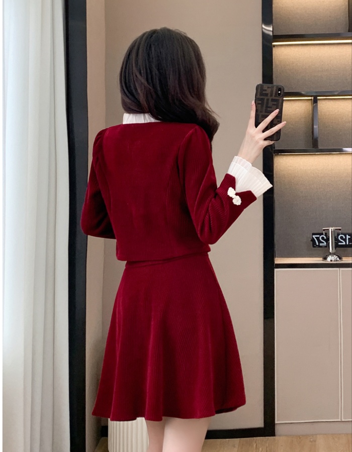 Fashion temperament short skirt corduroy jacket 2pcs set