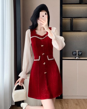 Square collar black autumn and winter chanelstyle slim dress