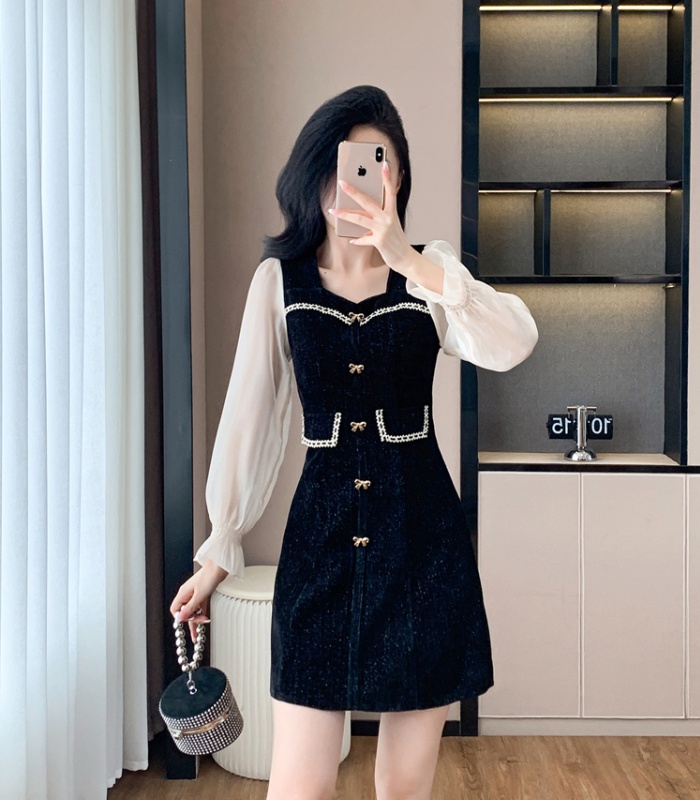 Square collar black autumn and winter chanelstyle slim dress
