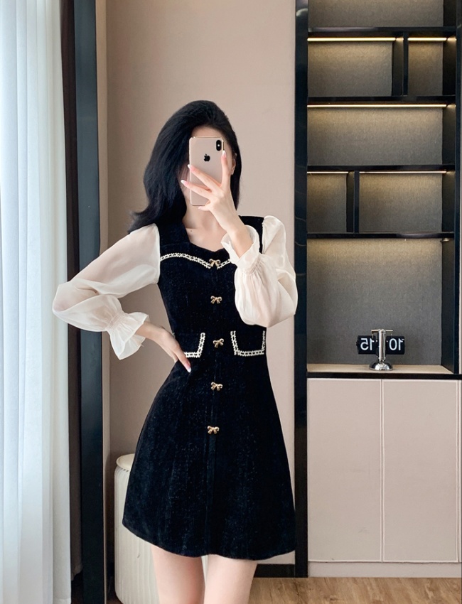 Square collar black autumn and winter chanelstyle slim dress