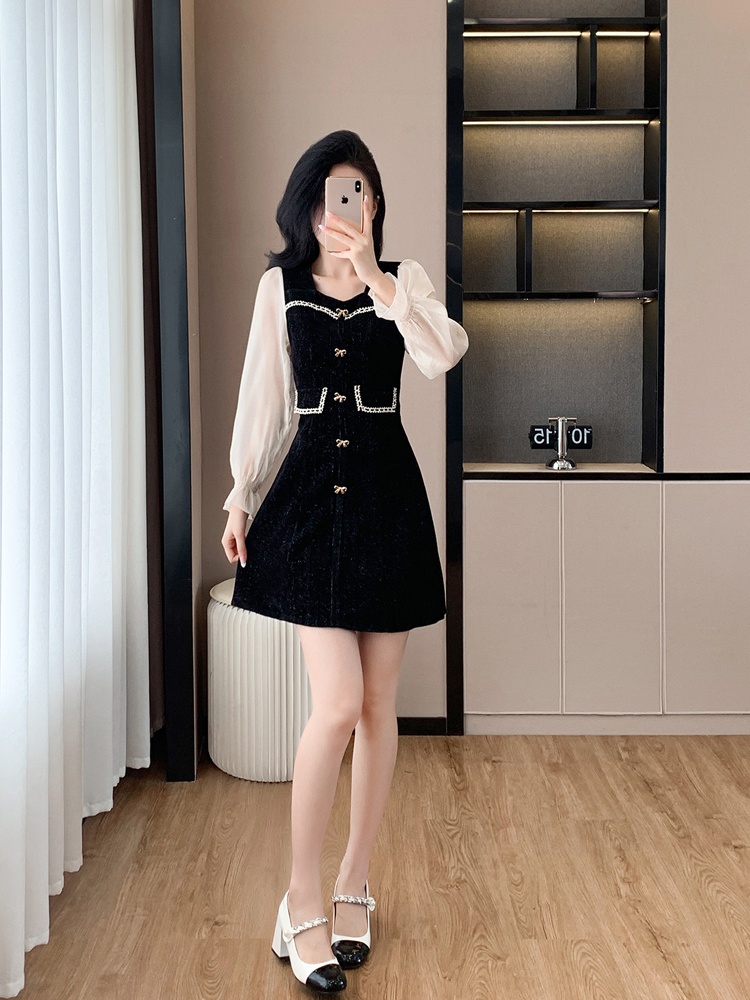 Square collar black autumn and winter chanelstyle slim dress