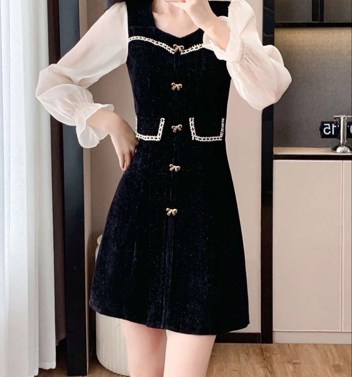Square collar black autumn and winter chanelstyle slim dress