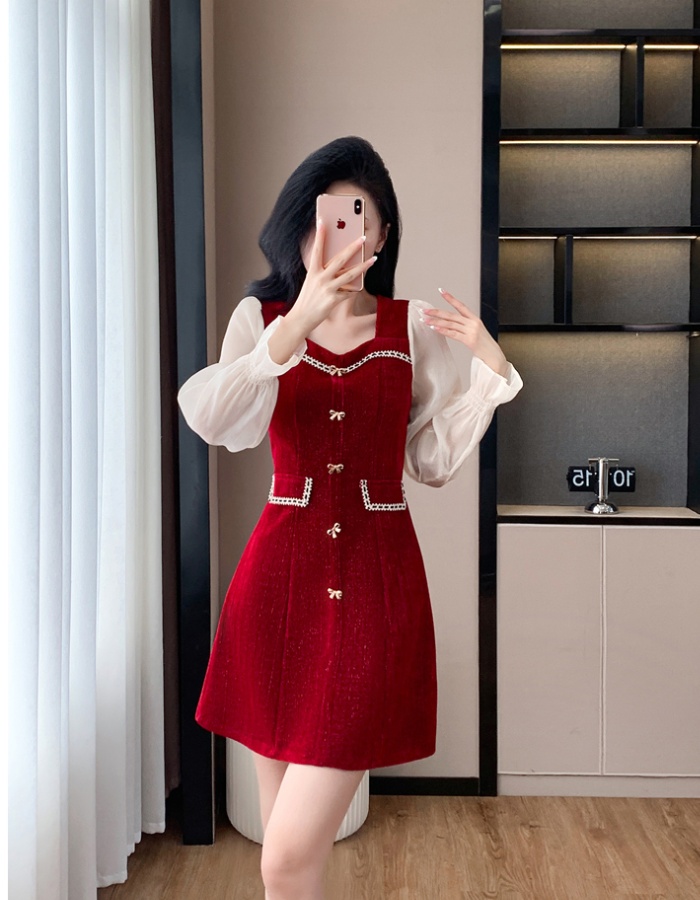 Square collar black autumn and winter chanelstyle slim dress