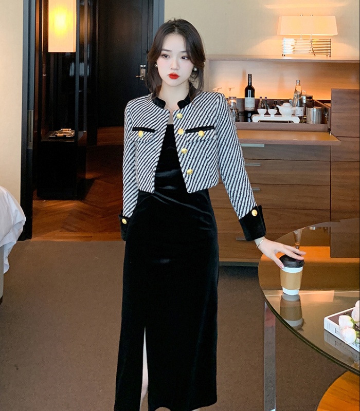 Slim sling dress chanelstyle jacket 2pcs set