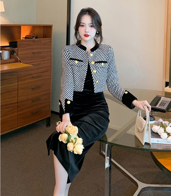 Slim sling dress chanelstyle jacket 2pcs set