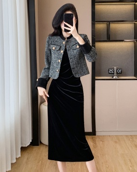 Splice strap dress velvet coat 2pcs set