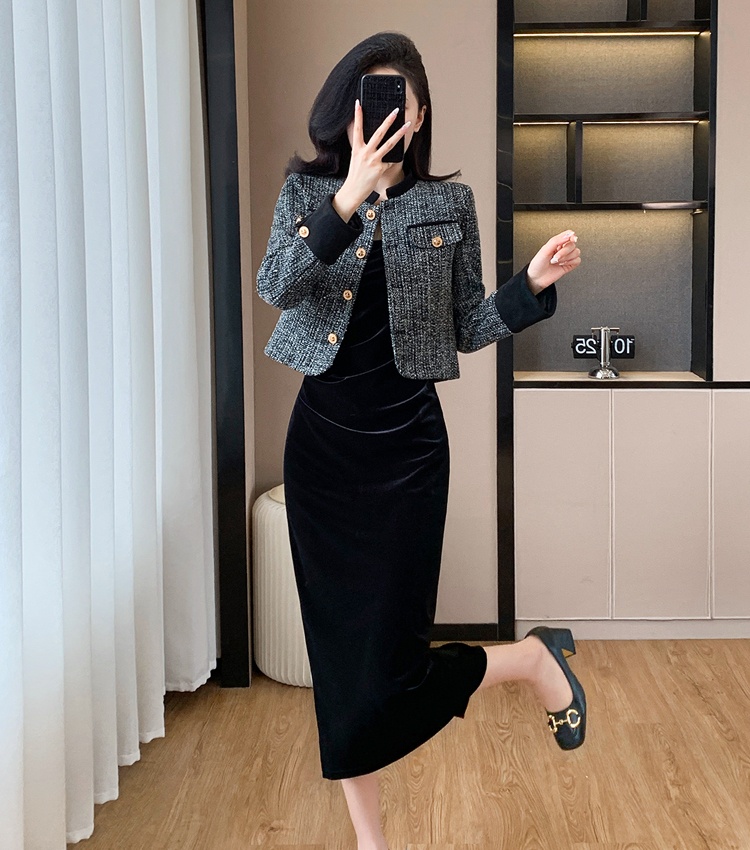 Splice strap dress velvet coat 2pcs set