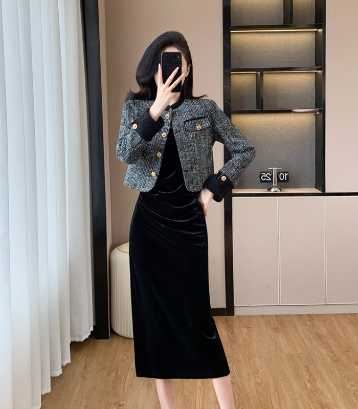 Splice strap dress velvet coat 2pcs set