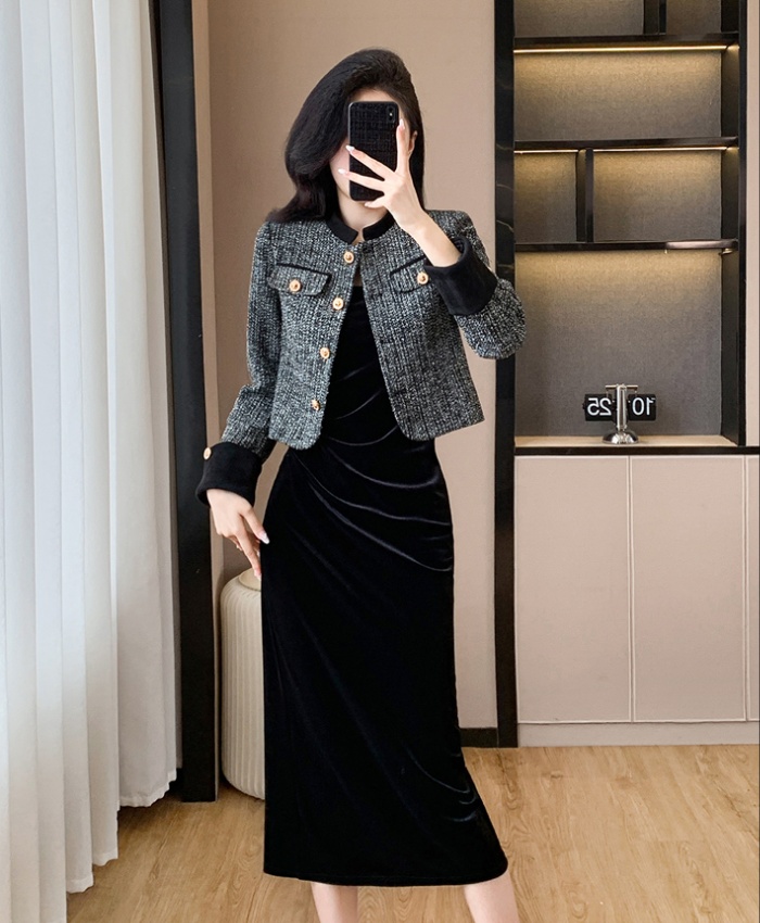 Splice strap dress velvet coat 2pcs set