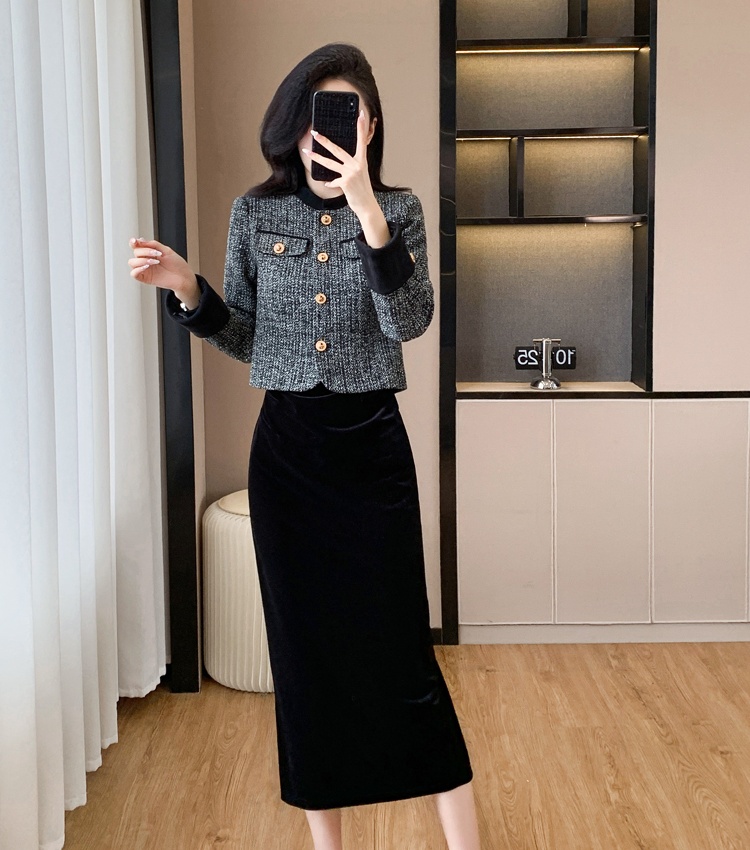 Splice strap dress velvet coat 2pcs set
